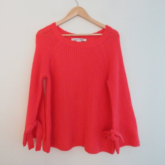 NAADAM Open Knit Bell Sleeve Tied Sweater in Coral Pink Bright - Size S - Picture 2 of 14